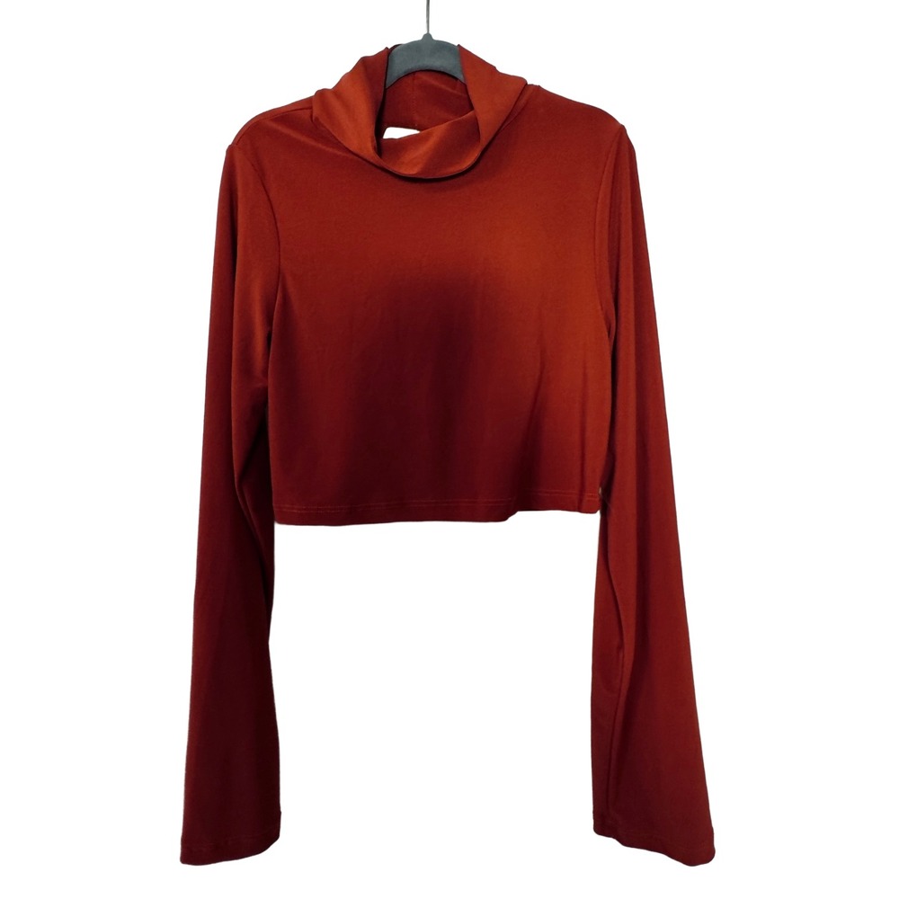 Vintage Big Bang USA Rust Open Back Crop Top Sz Large Y2K Bell Sleeve Mock Neck